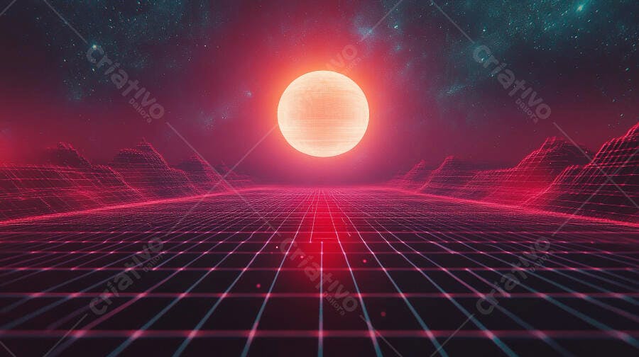 Sol brilhante em paisagem digital futurista com montanhas neon 80s