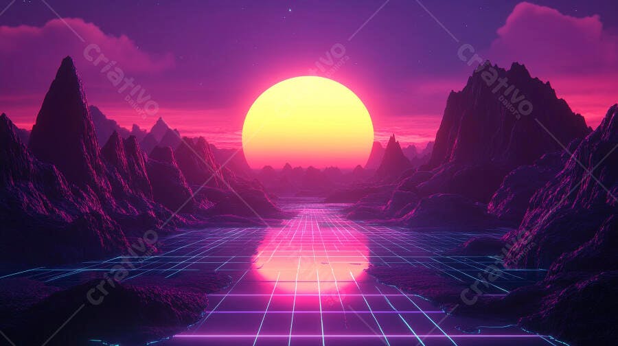 Paisagem retrofuturista com sol neon e montanhas roxas estilo synthwave