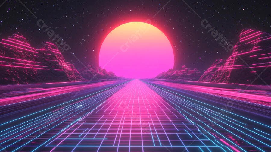 Paisagem futurista neon com estrada gradeada e sol rosa vibrante