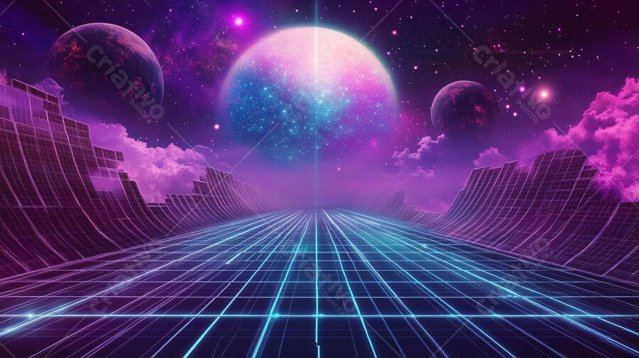 Paisagem espacial futurista com grade neon e planetas roxos
