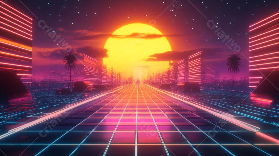 Cena urbana retrowave com pôr do sol gigante e rua de grade neon