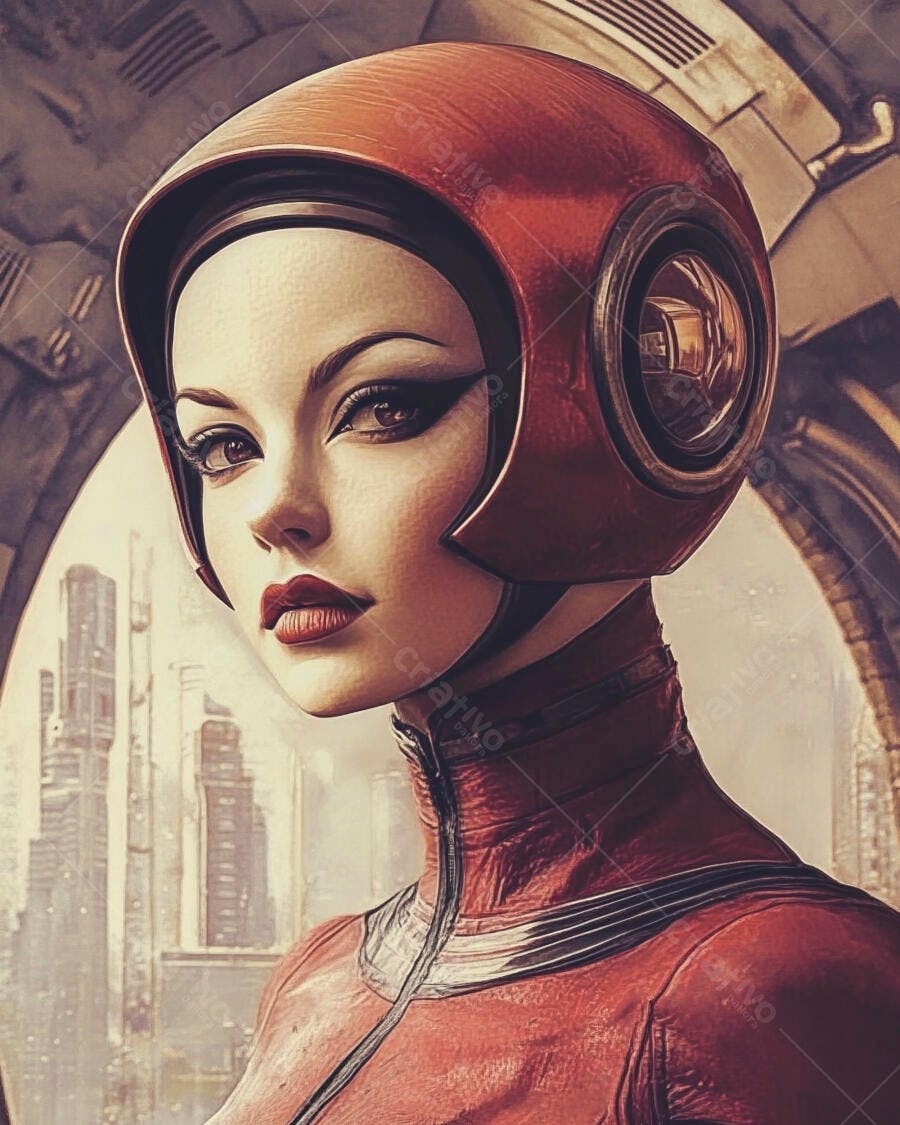 Mulher jovem com capacete vermelho e roupa futurista em cenário urbano distópico