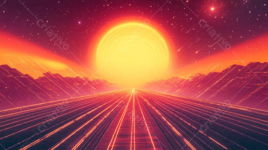 Paisagem retrofuturista com sol laranja e estrada brilhante