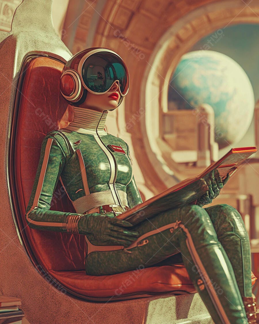 Mulher astronauta em traje verde e capacete sentada em nave espacial olhando a Terra