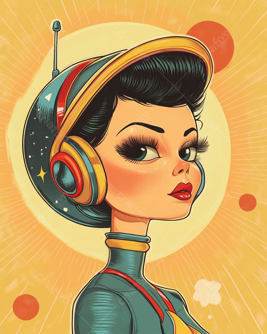 Mulher retro futurista com fones de ouvido coloridos em fundo solar amarelo