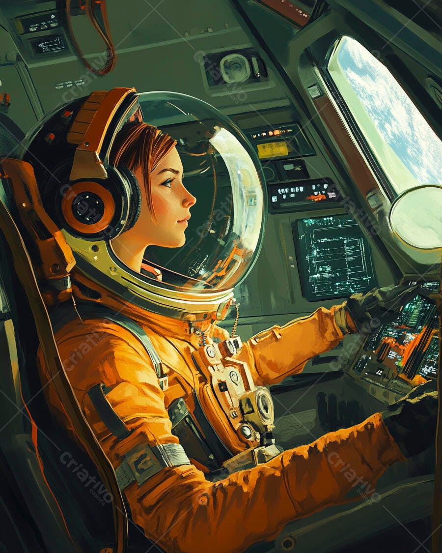 Mulher astronauta jovem de uniforme laranja pilotando nave espacial vista da Terra