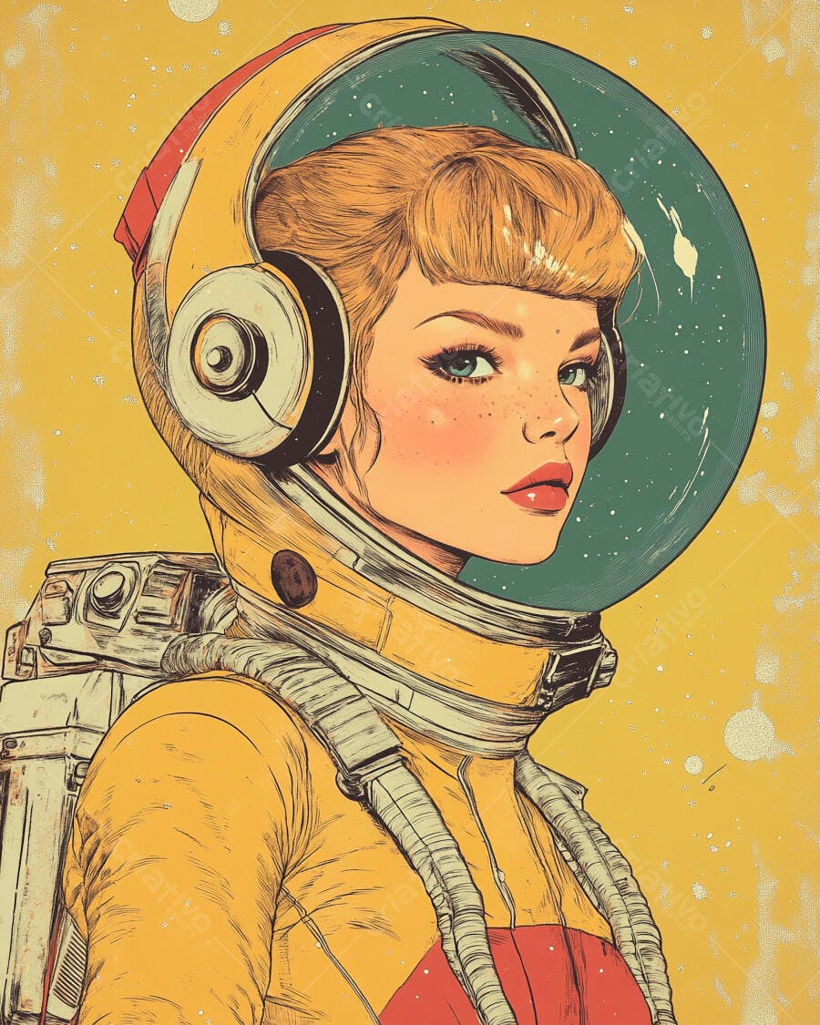 Mulher astronauta loira de olhos verdes em traje espacial amarelo retro futurista