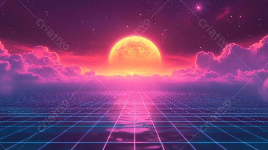 Sol neon gigante sobre nuvens rosadas e grade futurista