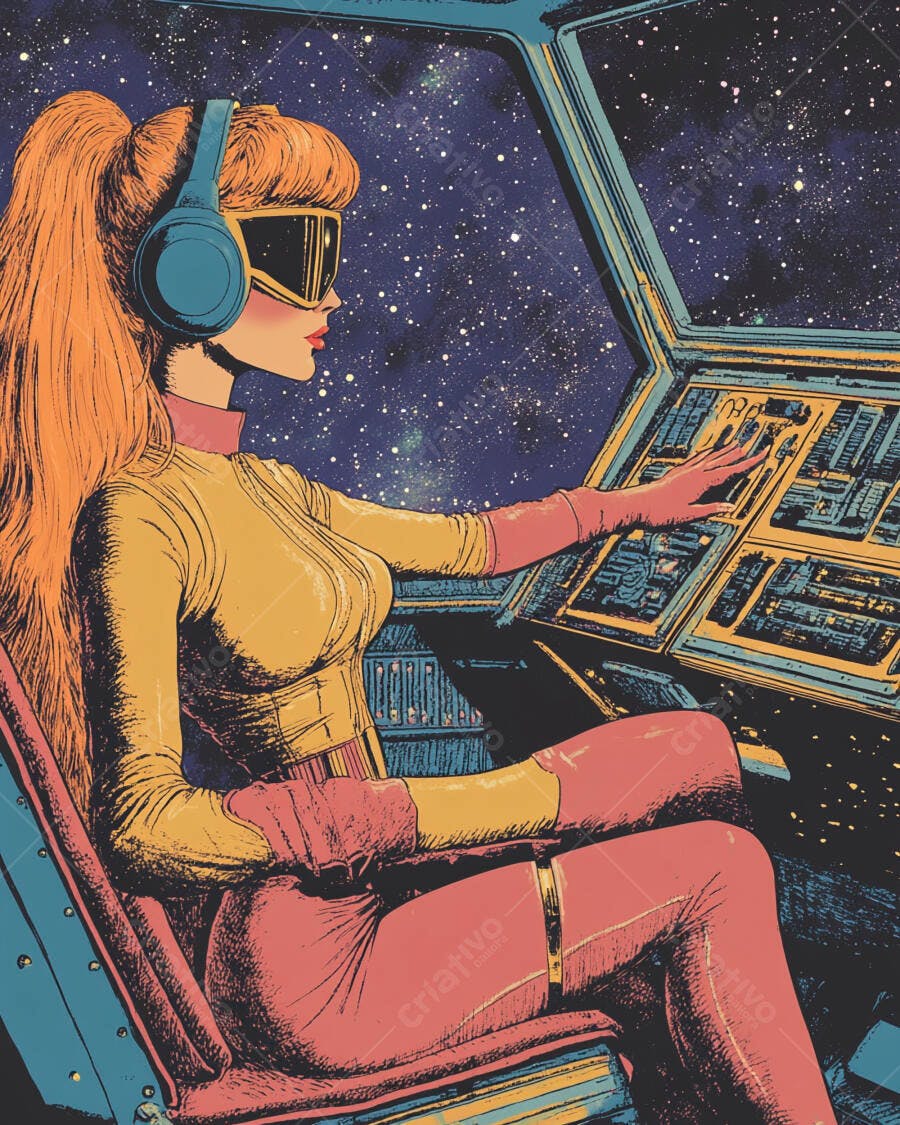 Mulher piloto ruiva em cockpit de nave espacial com óculos futuristas