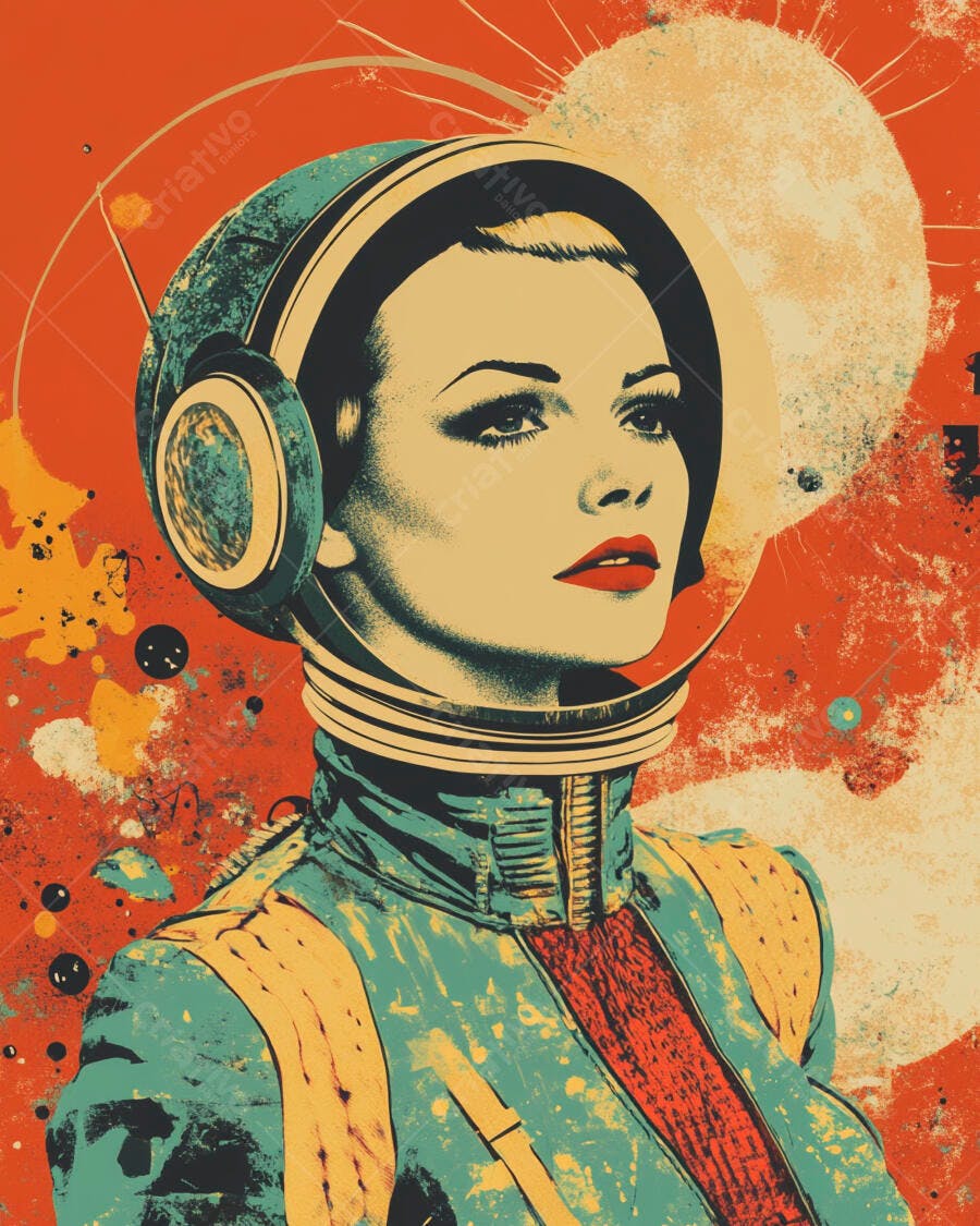 Mulher astronauta em capacete retrô olhando para lua gigante no espaço