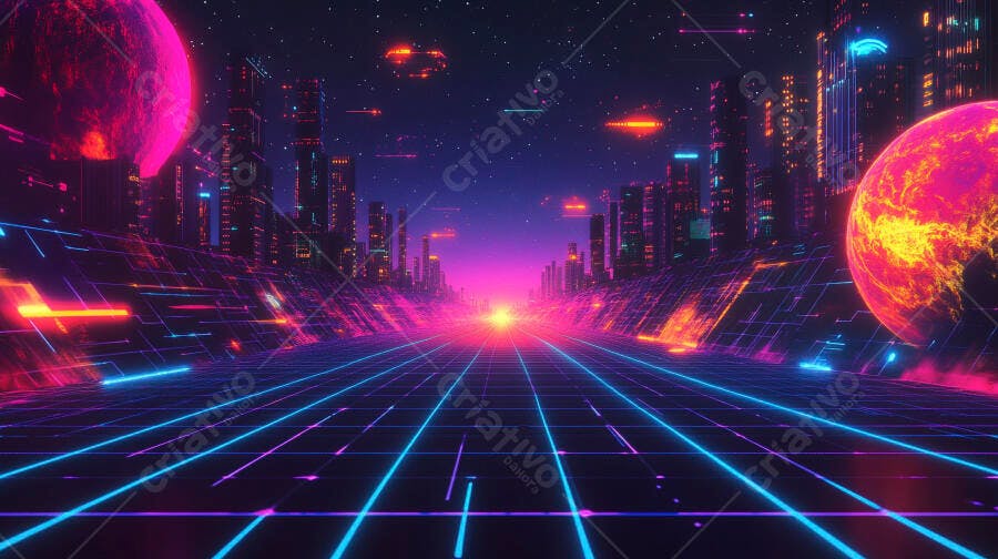 Cidade cyberpunk futurista com grade neon e planetas no céu noturno