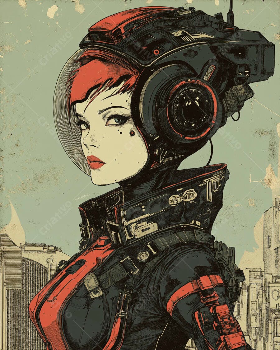 Mulher cyberpunk piloto espacial cabelo vermelho em traje futurista urbano