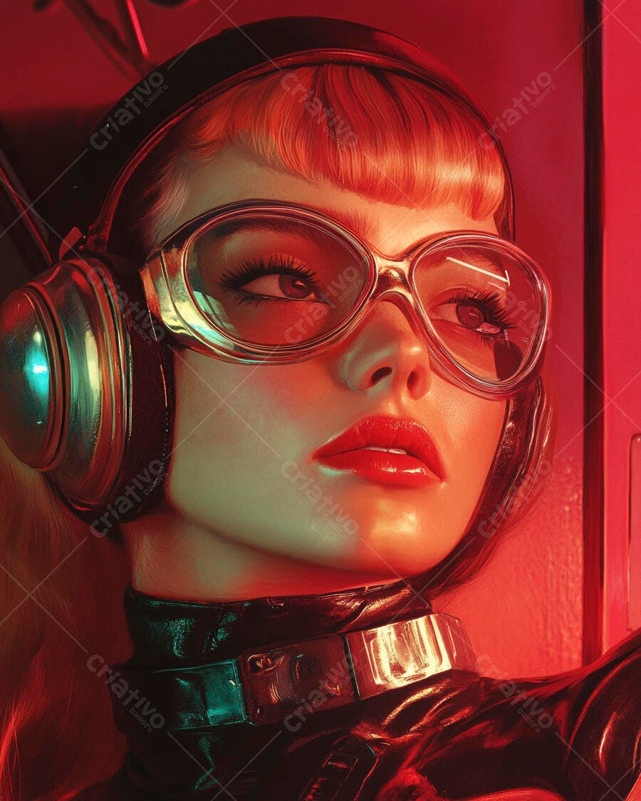 Mulher loira com fones e óculos dourados em ambiente vermelho neon