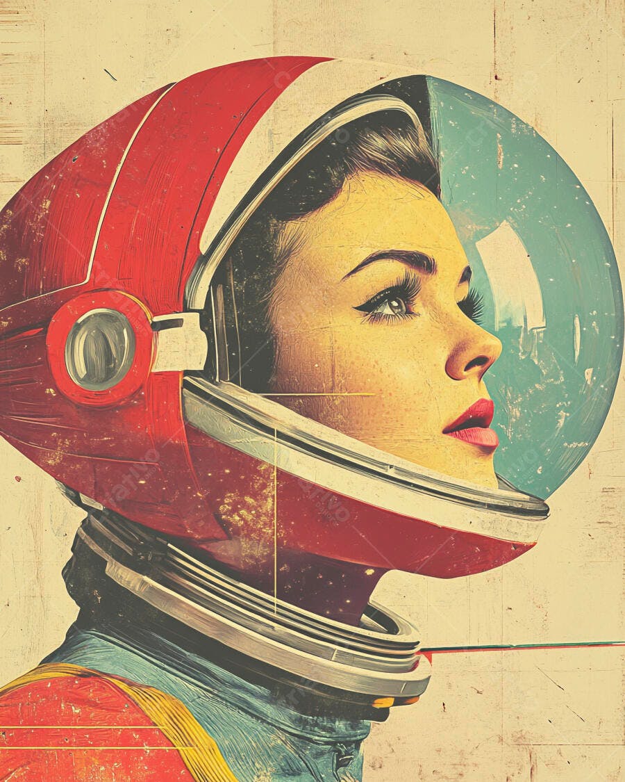 Mulher astronauta de capacete vermelho azul e amarelo olhando para o futuro