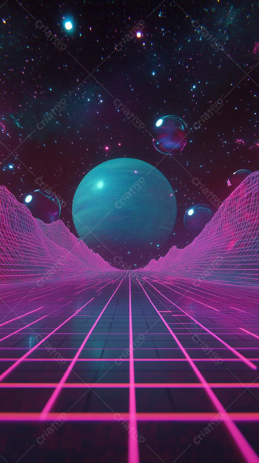 Paisagem digital futurista com planeta azul e montanhas de grade neon