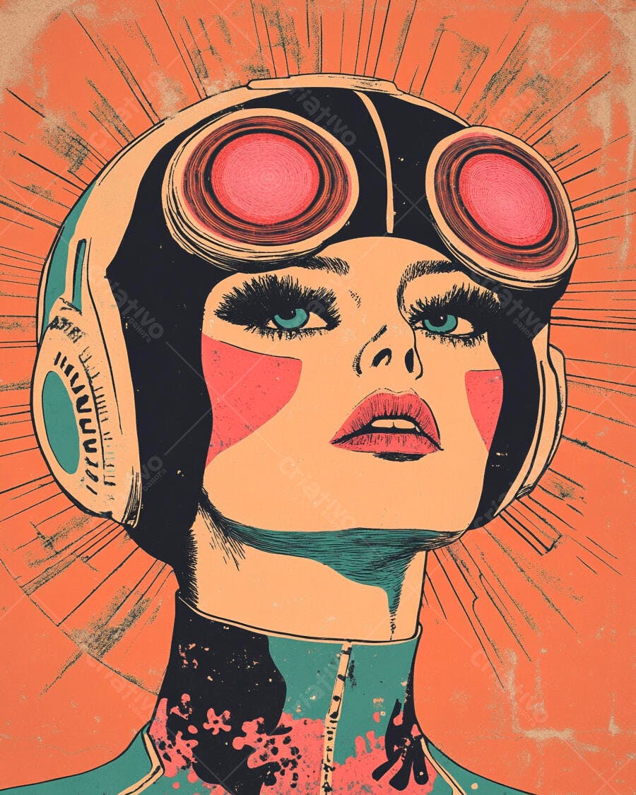 Mulher com capacete óculos estilo pop art cores laranja e turquesa