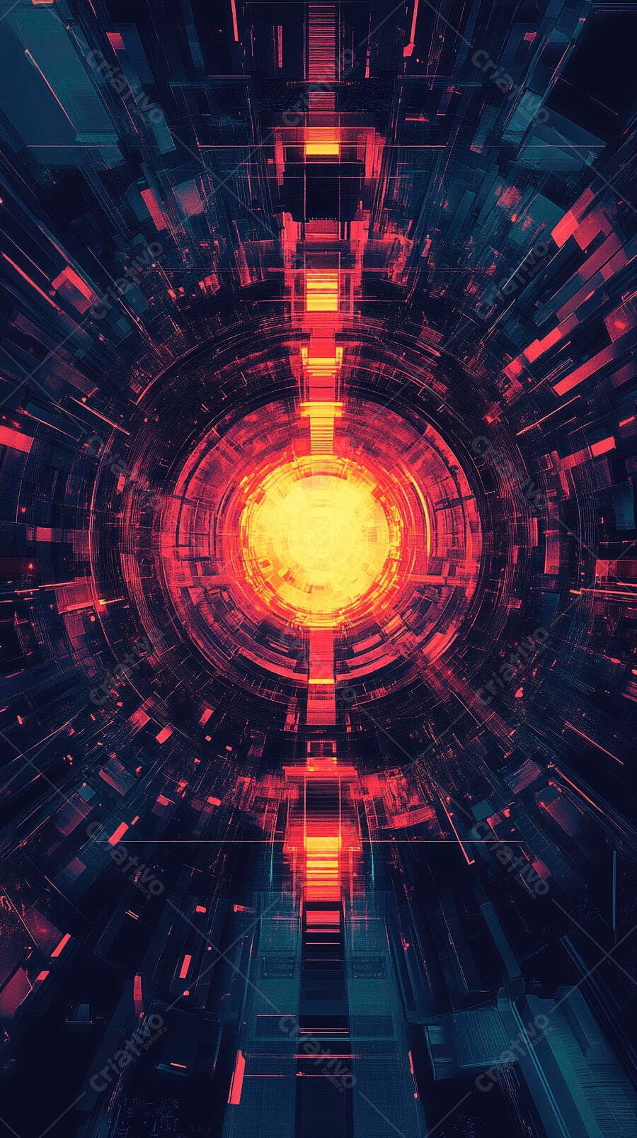 Túnel digital abstrato com energia vermelha e azul neon fundo futurista