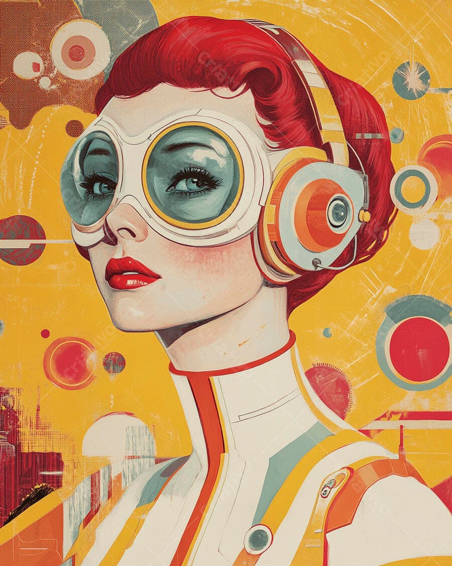 Mulher retro-futurista ruiva com óculos e fones de ouvido em uniforme vibrante