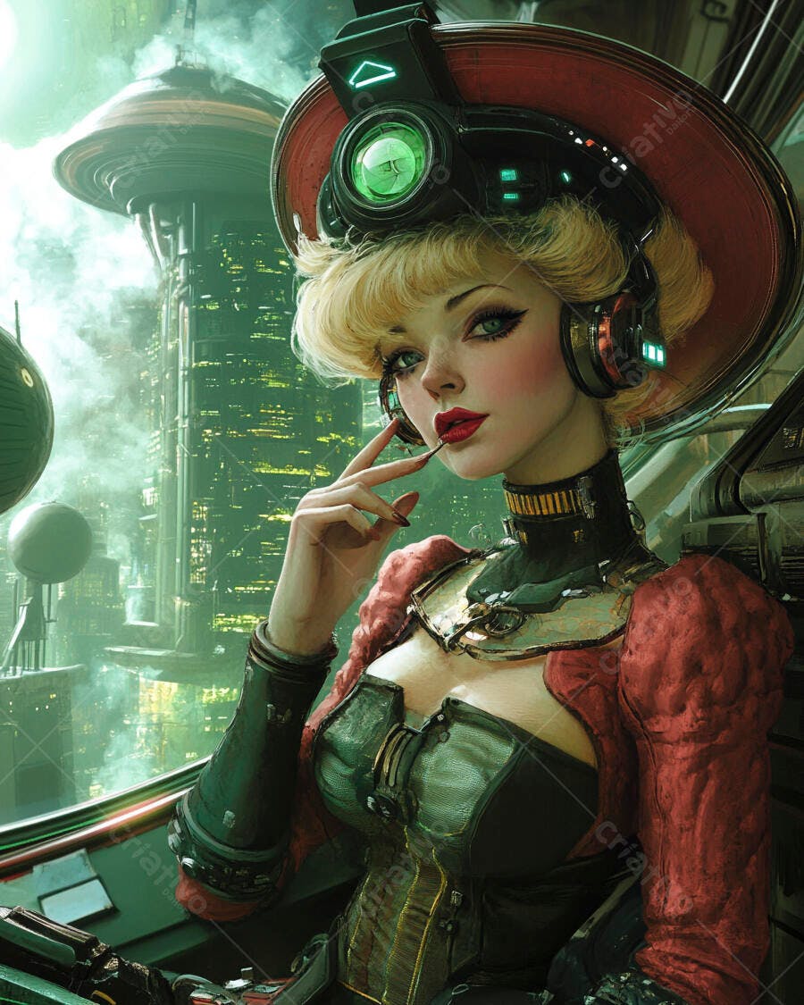 Mulher loira cyberpunk com chapéu vermelho futurista em cidade néon
