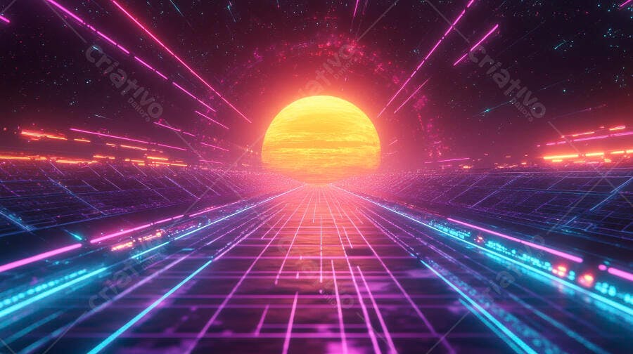 Cenário retro-futurista de grid neon com sol laranja e céu estrelado