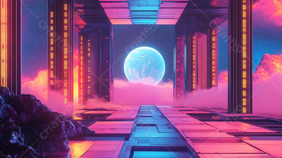 Cenário futurista com lua azul em corredor neon e névoa rosa