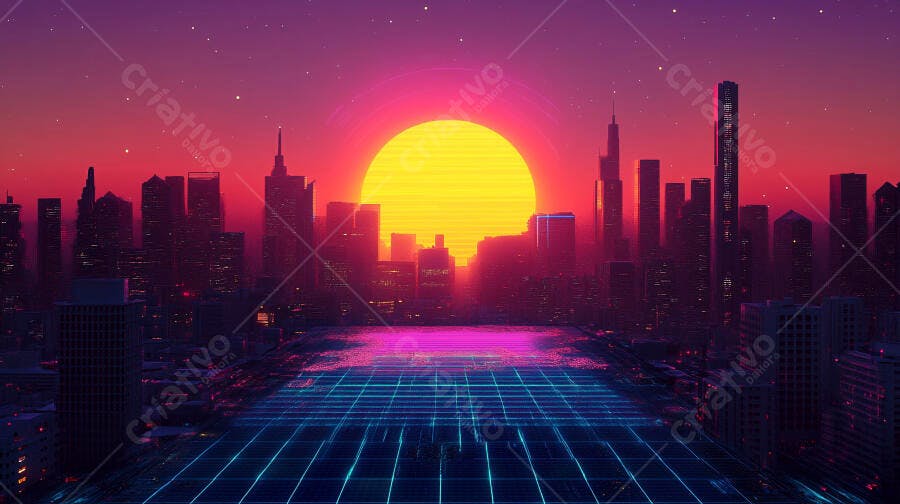 Cidade futurista synthwave com pôr do sol neon e grade digital