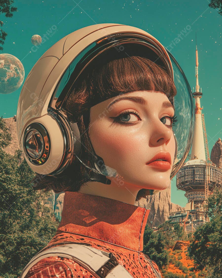 Mulher astronauta com capacete bege em paisagem futurista com planetas e torre