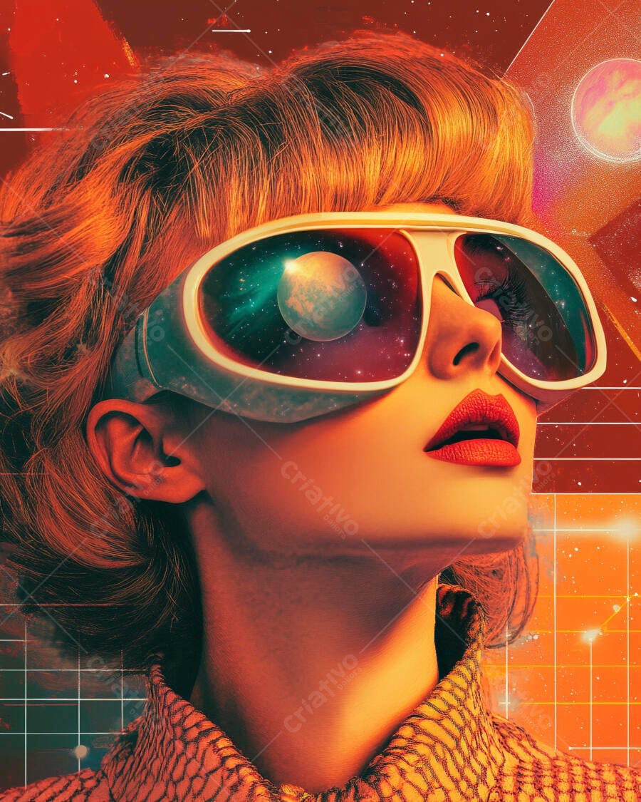 Mulher loira ruiva futurista com óculos espaciais e batom vermelho
