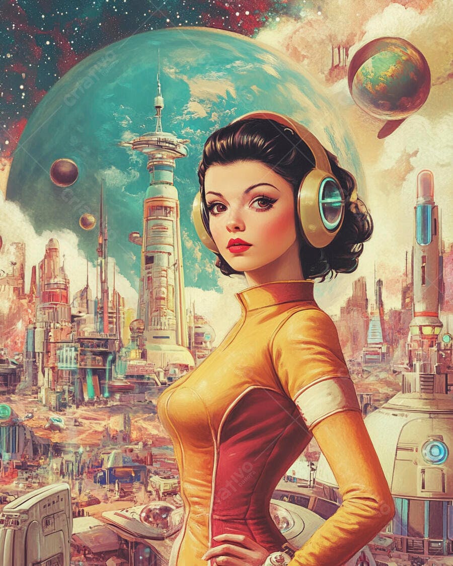 Mulher futurista com fones de ouvido dourados em cidade espacial vibrante