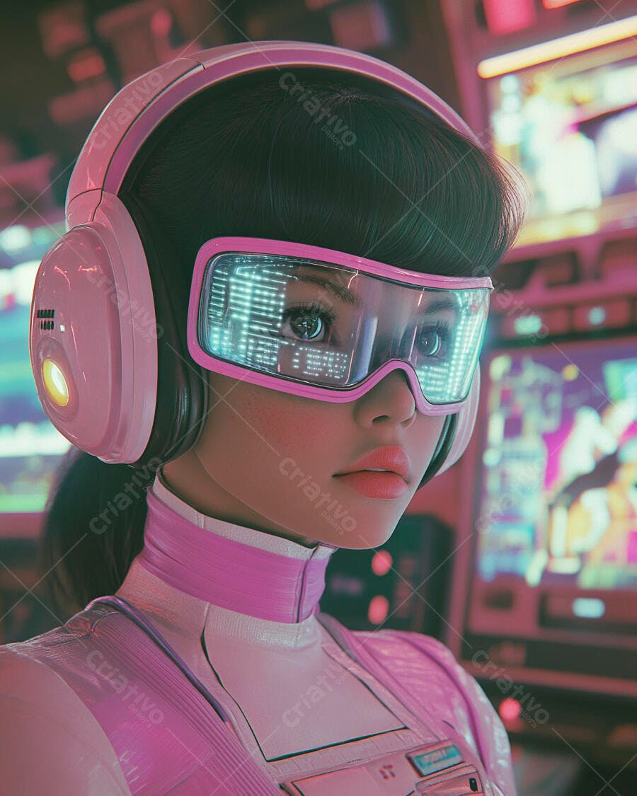 Mulher gamer asiática com óculos VR rosa e fones em ambiente neon
