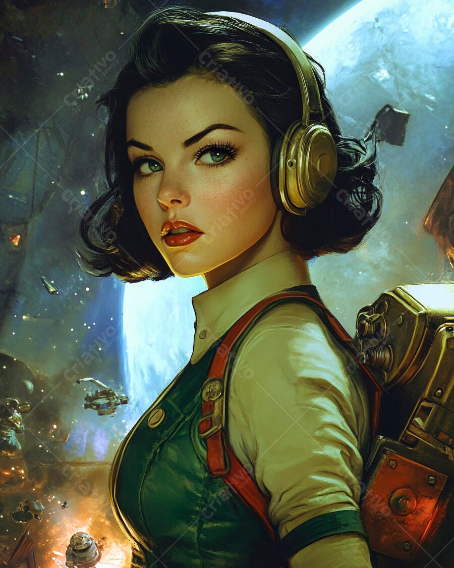 Mulher piloto espacial retro com fones dourados e olhos verdes no espaço