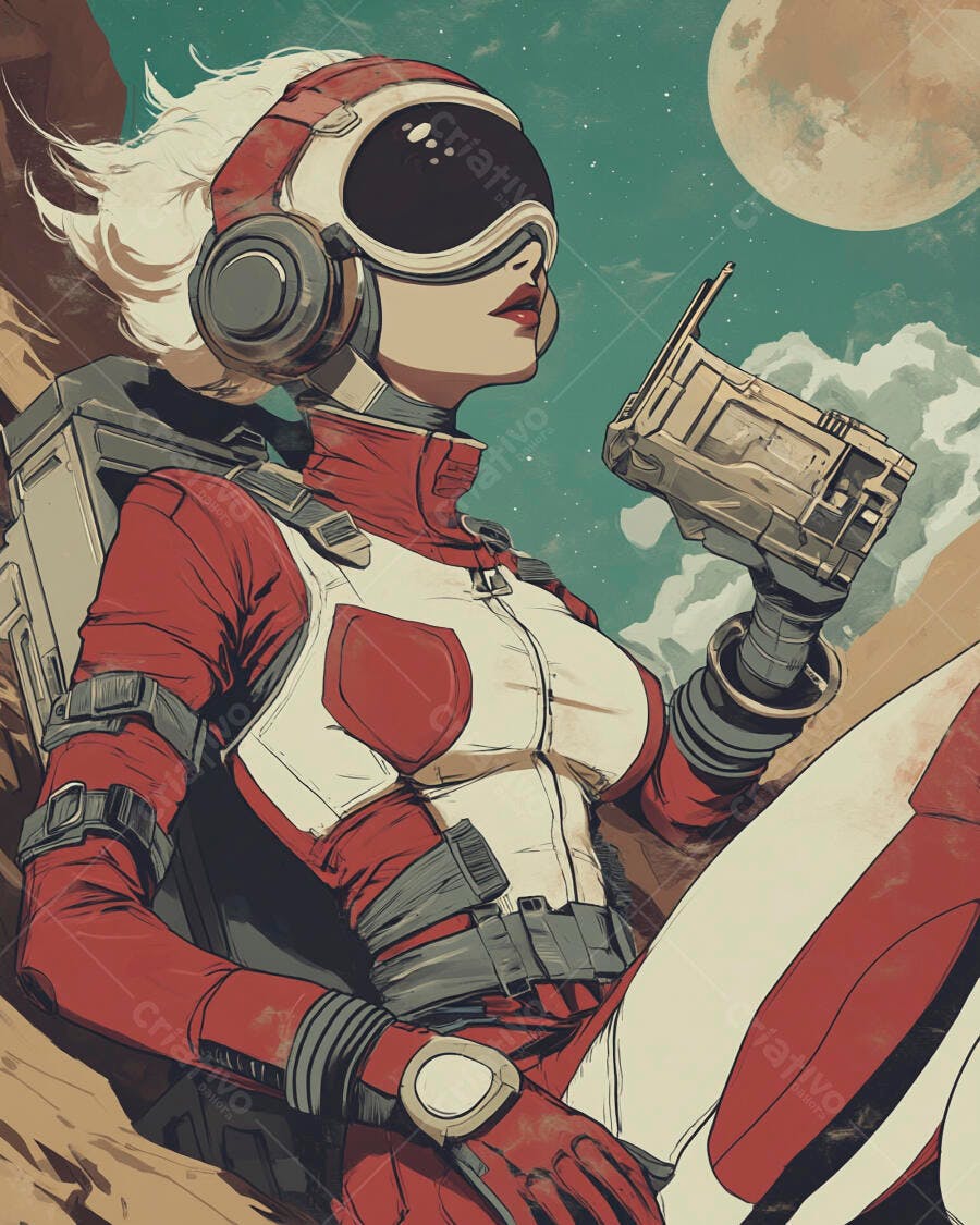 Mulher astronauta em traje vermelho explorando paisagem lunar com lua cheia