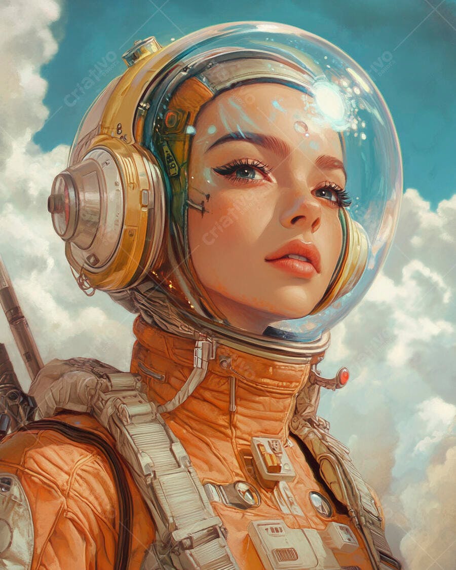 Mulher astronauta loira em traje espacial laranja no céu com nuvens