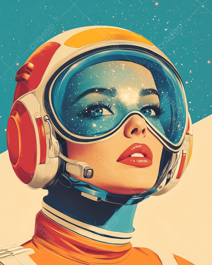 Mulher astronauta com capacete retrofuturista olhos azuis e reflexo do universo