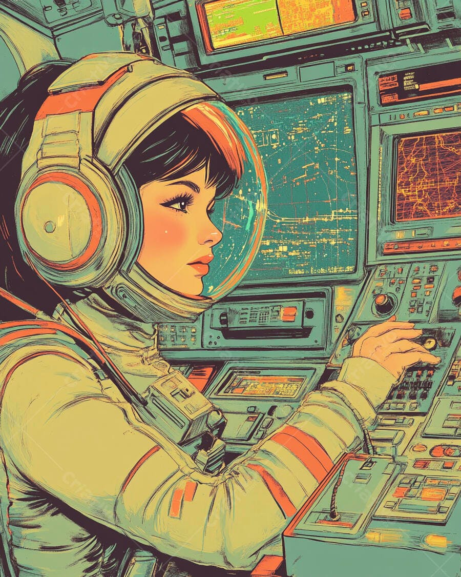 Mulher astronauta operando console espacial estilo retrô anos 60