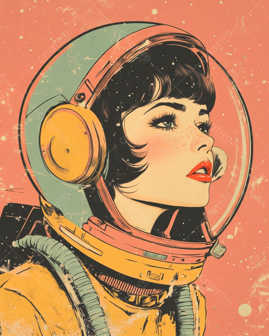 Mulher astronauta em capacete retro com fones de ouvido e fundo rosa