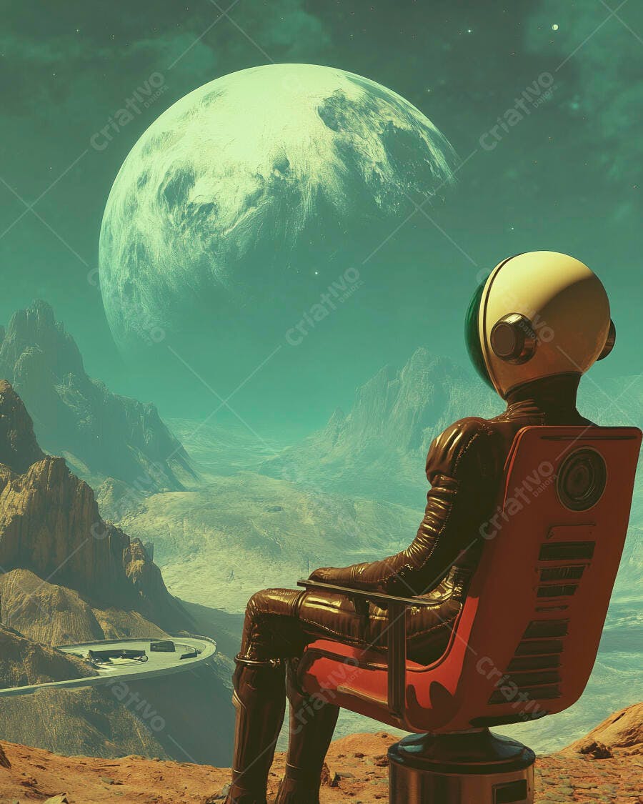 Astronauta sentado em cadeira vermelha observando planeta alienígena