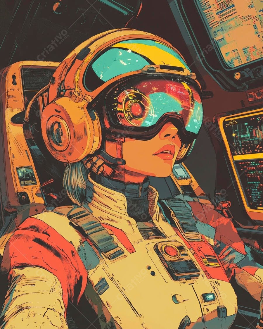 Piloto mulher em capacete futurista amarelo e traje espacial laranja em nave