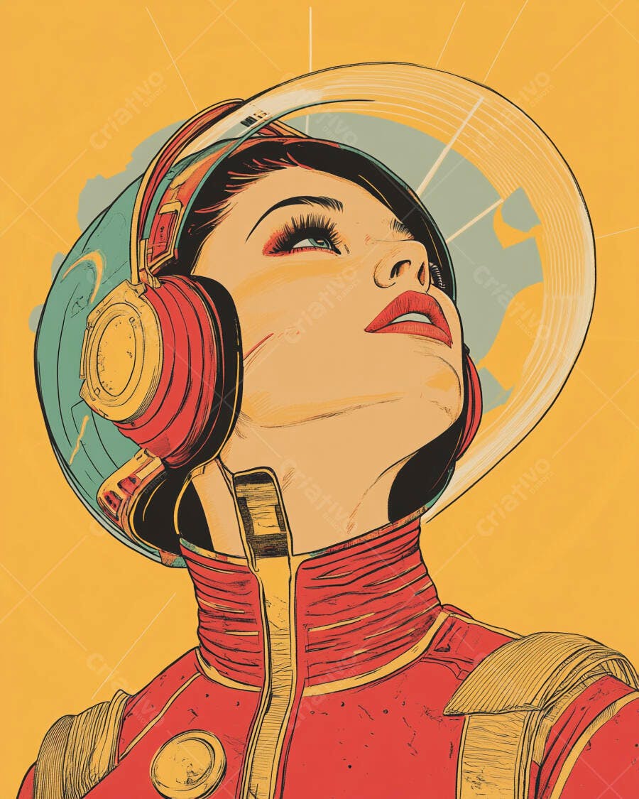 Mulher astronauta retrô vermelha com fones de ouvido olhando para cima