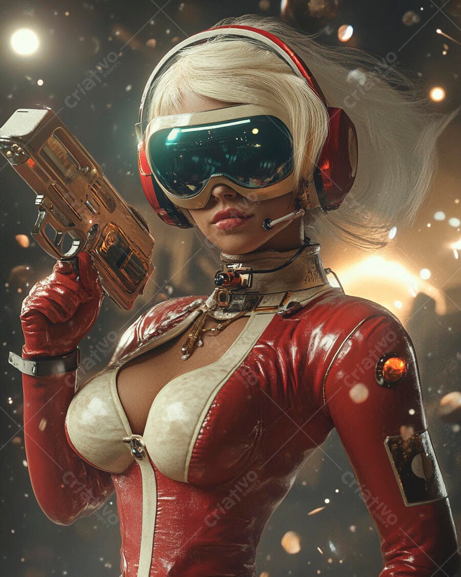 Mulher futurista loira com óculos e arma dourada em cenário sci-fi
