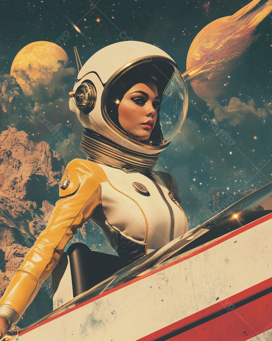 Mulher astronauta em traje branco e amarelo olhando o universo distante