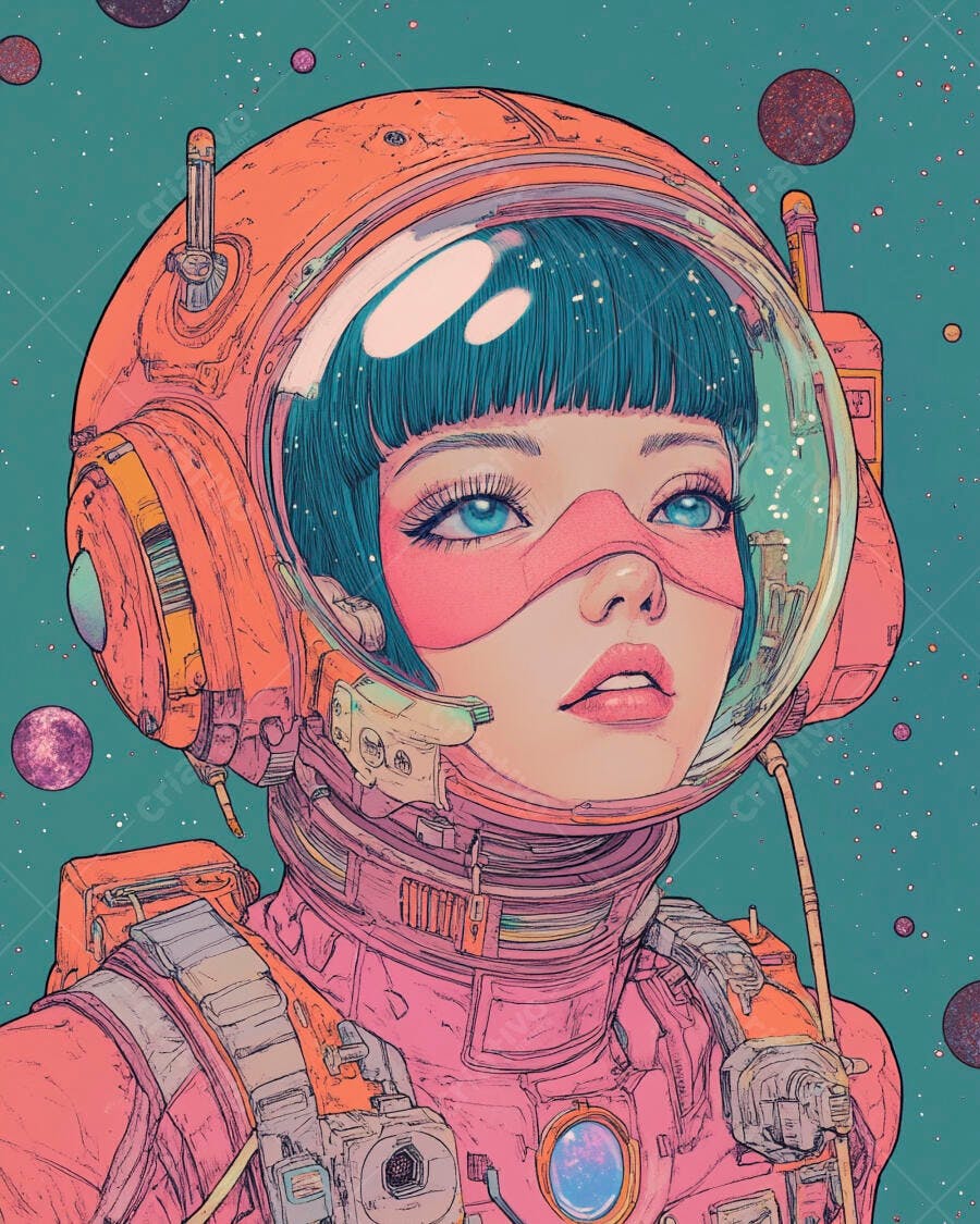 Astronauta mulher asiática cabelo azul em traje espacial rosa no cosmos