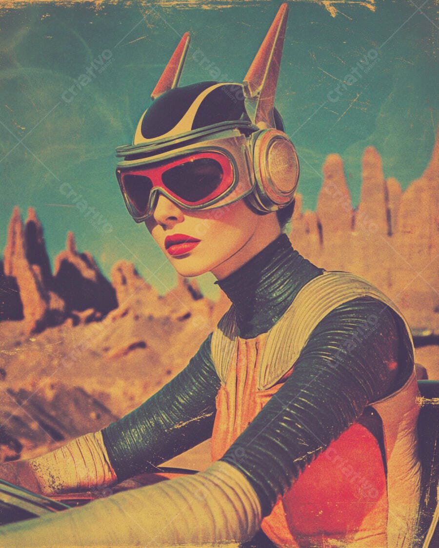Mulher futurista com capacete e óculos vermelhos em paisagem desértica retro