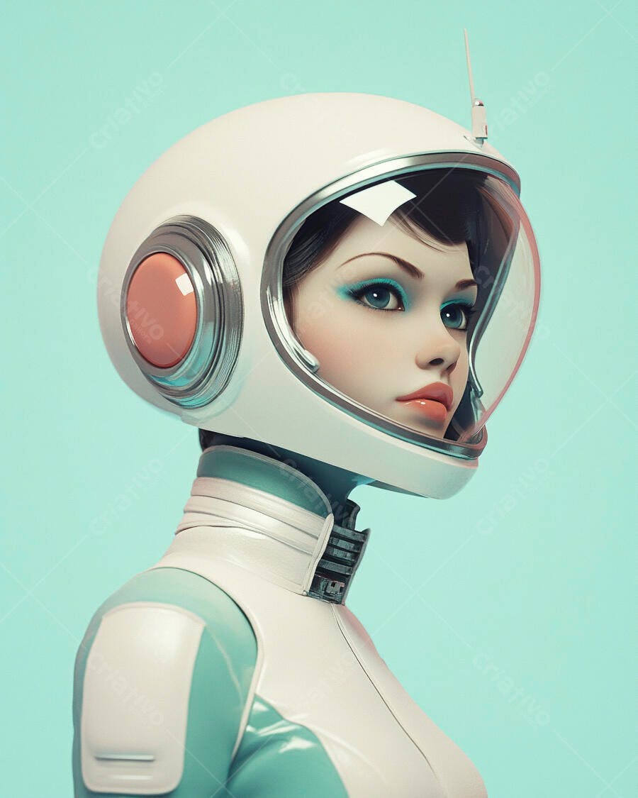 Mulher futurista com capacete de astronauta branco e maquiagem azul vibrante