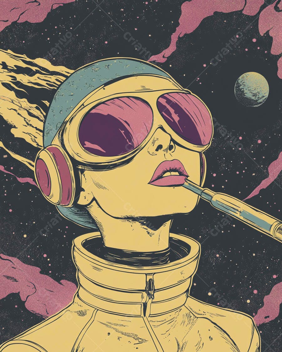 Mulher astronauta em jaqueta amarela com óculos rosa no espaço sideral