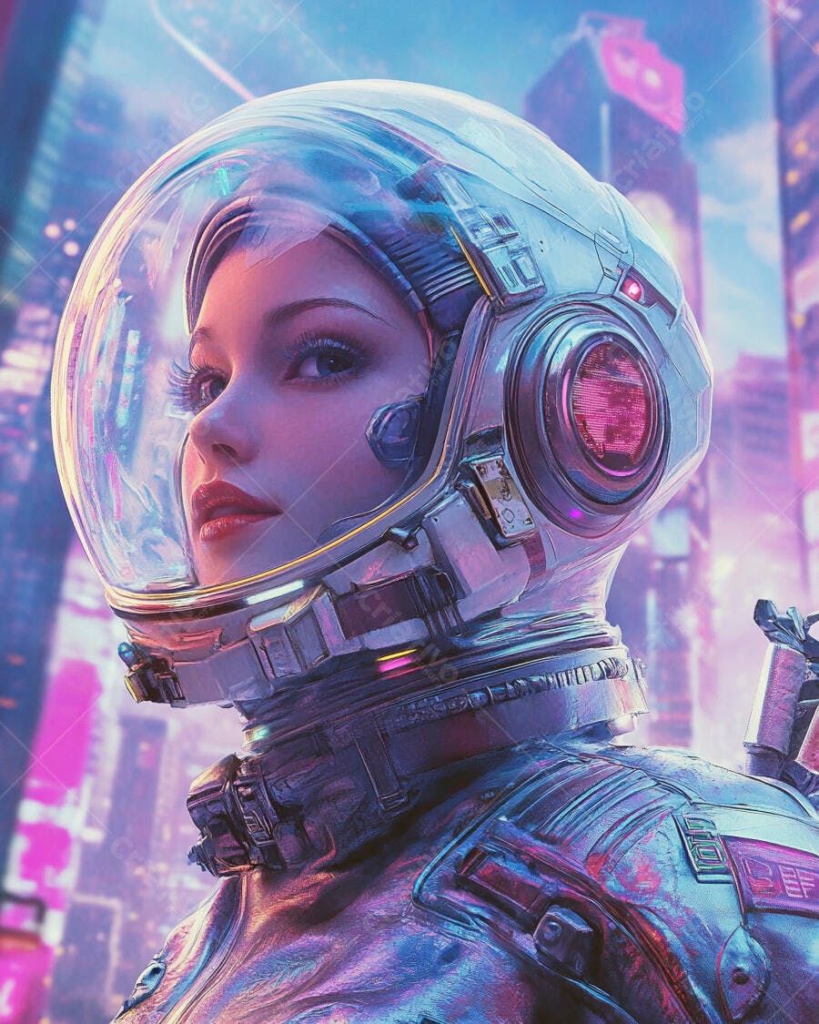 Mulher astronauta em traje espacial futurista na cidade cyberpunk noturna