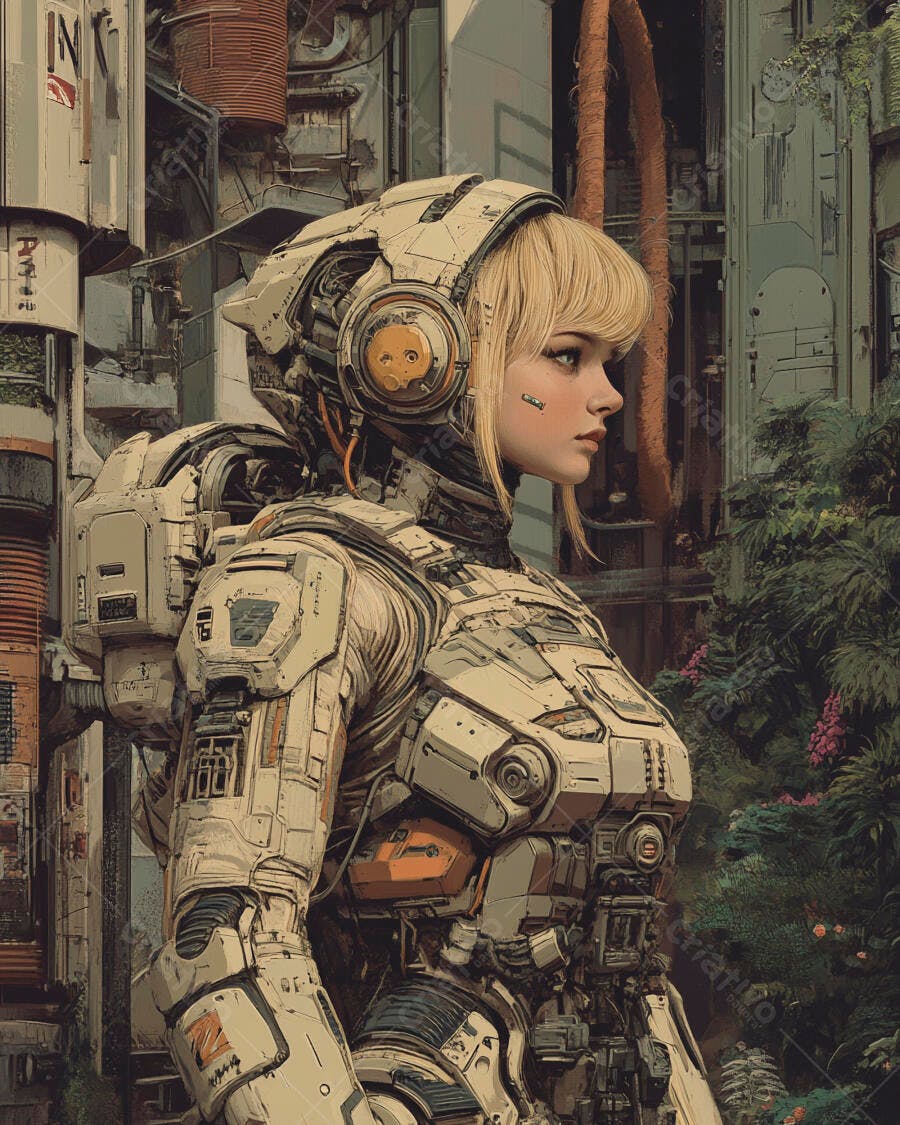Mulher loira piloto em traje espacial futurista caminhando por cidade cyberpunk