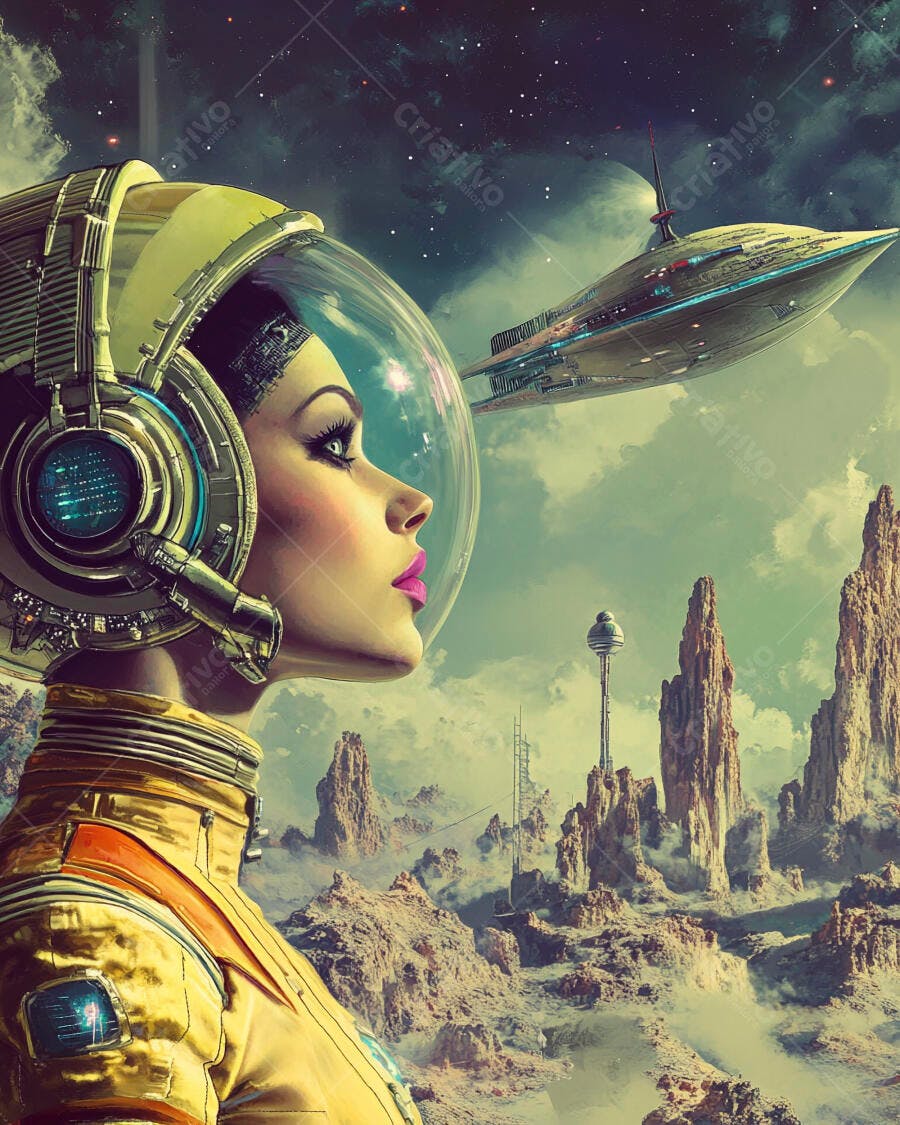 Mulher astronauta em traje dourado explorando paisagem alienígena com nave espacial
