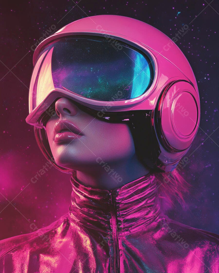 Mulher com capacete rosa futurista e visor espacial em fundo cósmico