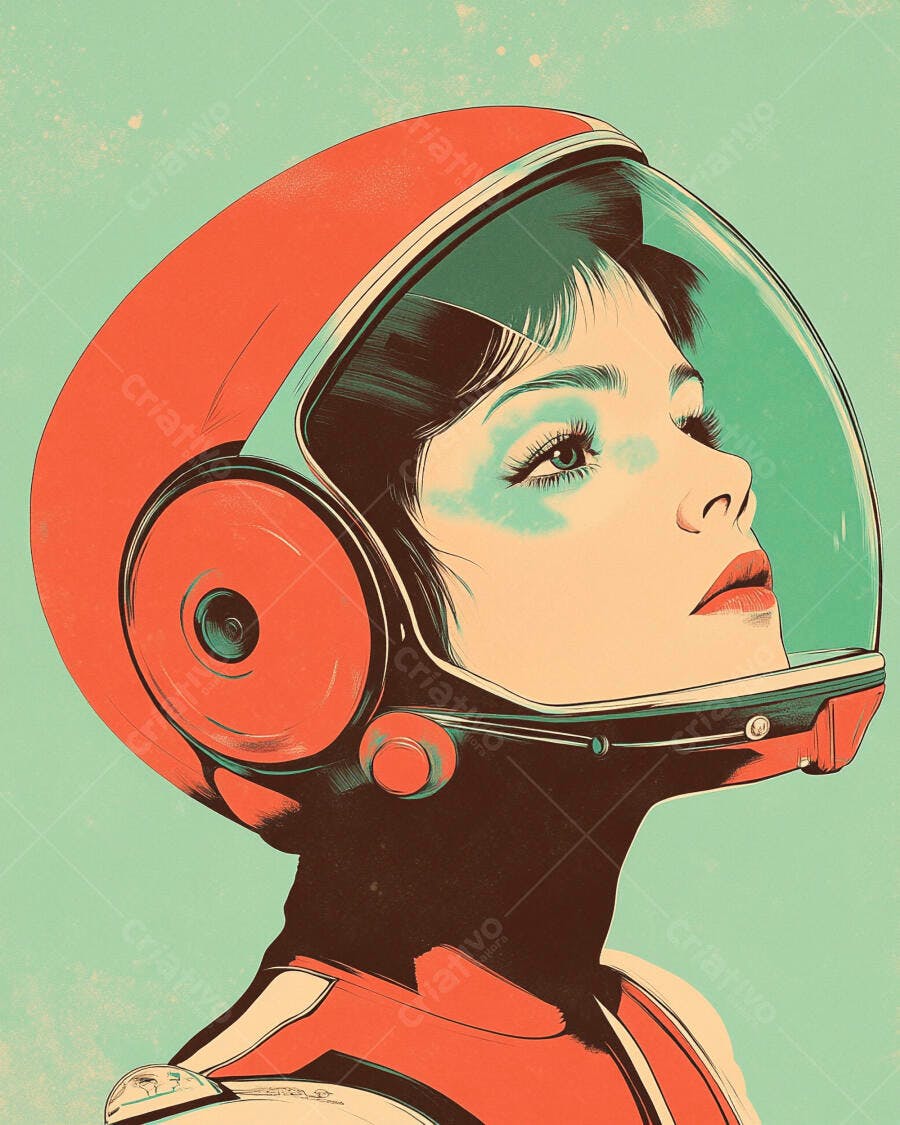 Mulher astronauta com capacete laranja e visor verde menta em estilo retrô